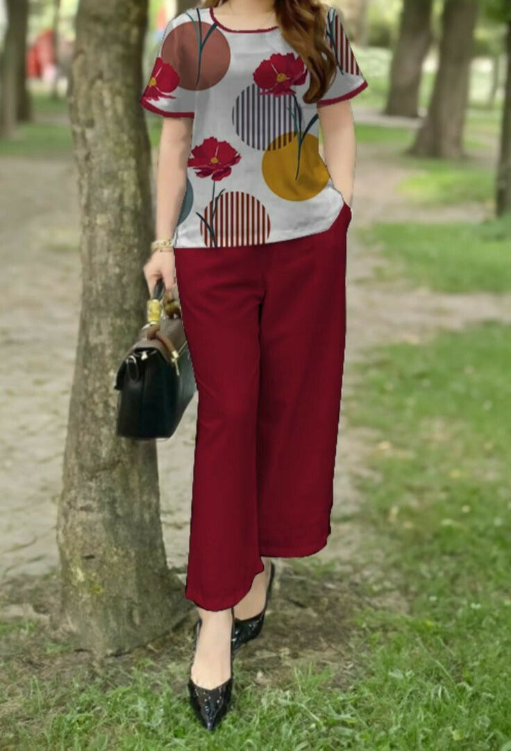 Stylish and Comfortable Graphic Co-ord Set in Maroon