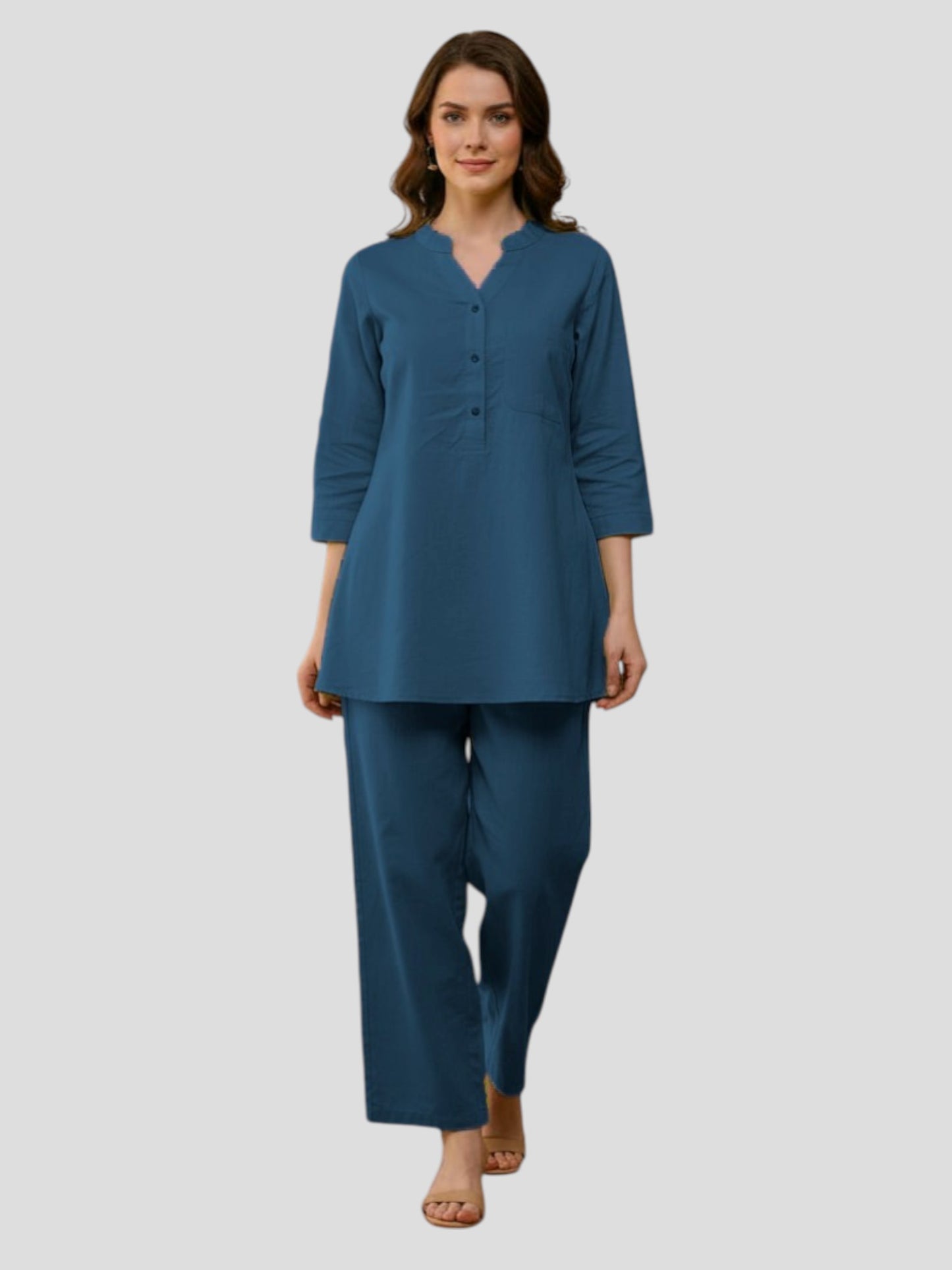 Teal Blue Cotton Kurta Pant Co-Ord Set for Women