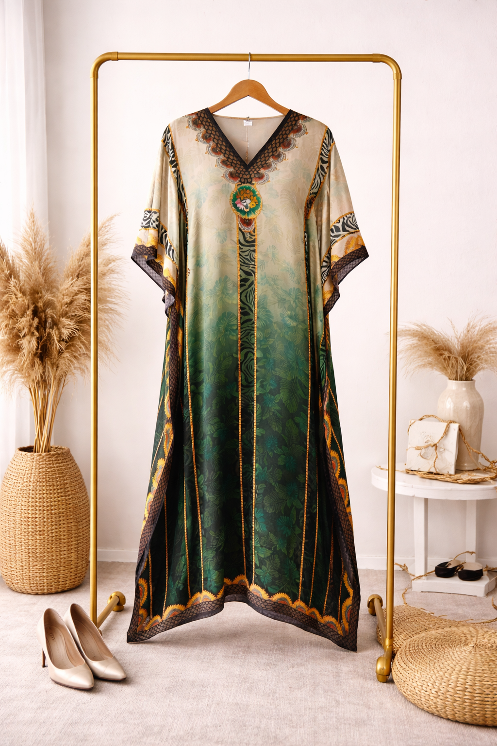 Emerald Green Ombre Heritage Satin Silk Kaftan Dress