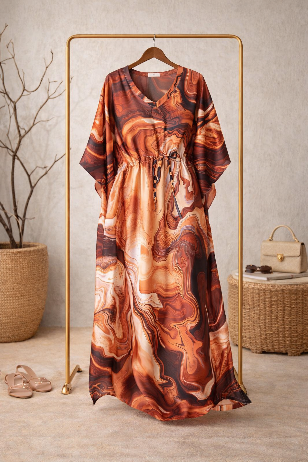 Brown Marble Satin Silk Kaftan Dress with Tassel Tie-Up