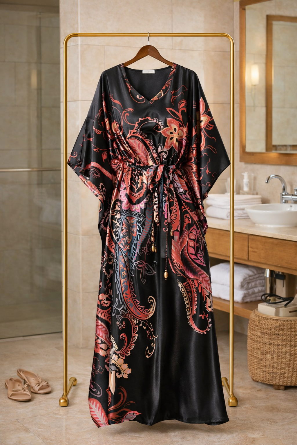 Black Paisley Satin Silk Kaftan Dress with Tassel Tie-Up