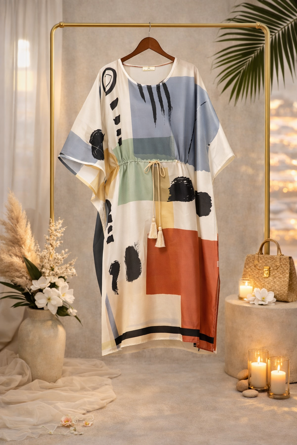 Abstract Satin Silk Kaftan Dress with Tassel Tie-Up