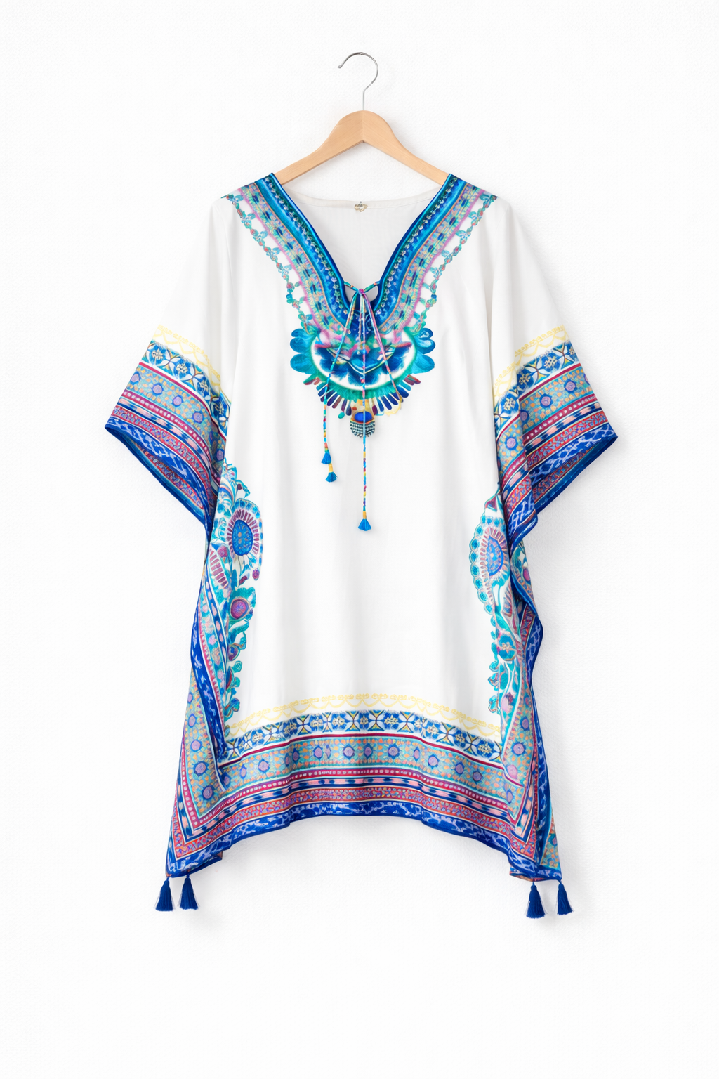 White Boho Print Satin Silk Kaftan Dress with Tassel Tie-Up