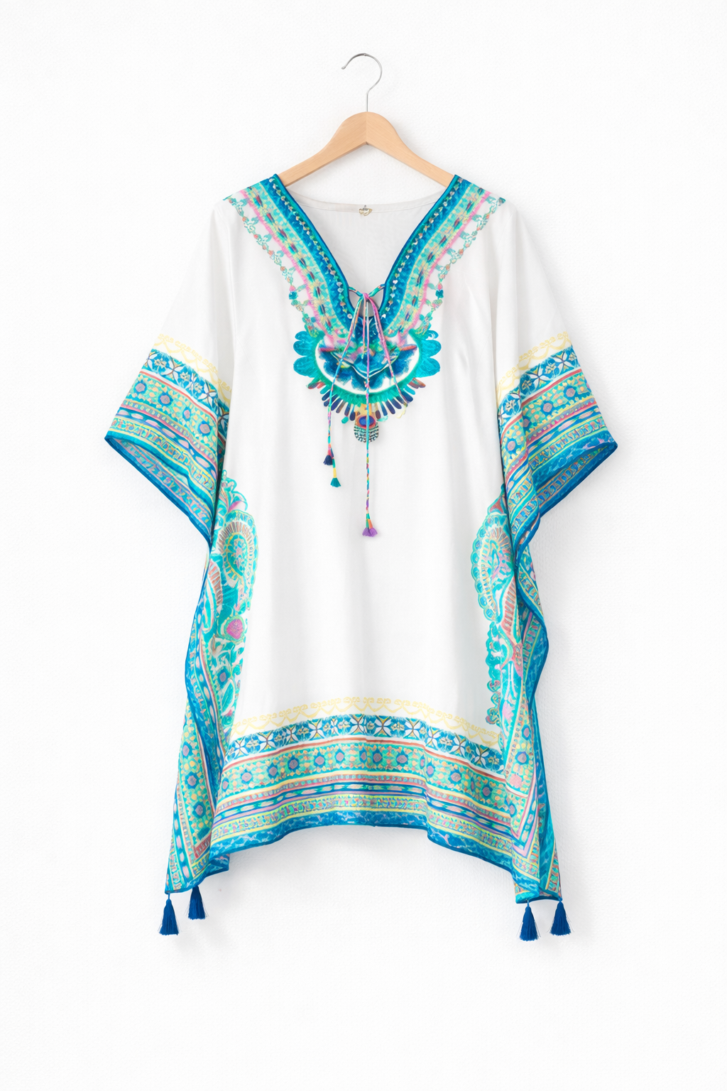 White & Turquoise Boho Print Satin Silk Kaftan Dress with Tassel Tie-Up