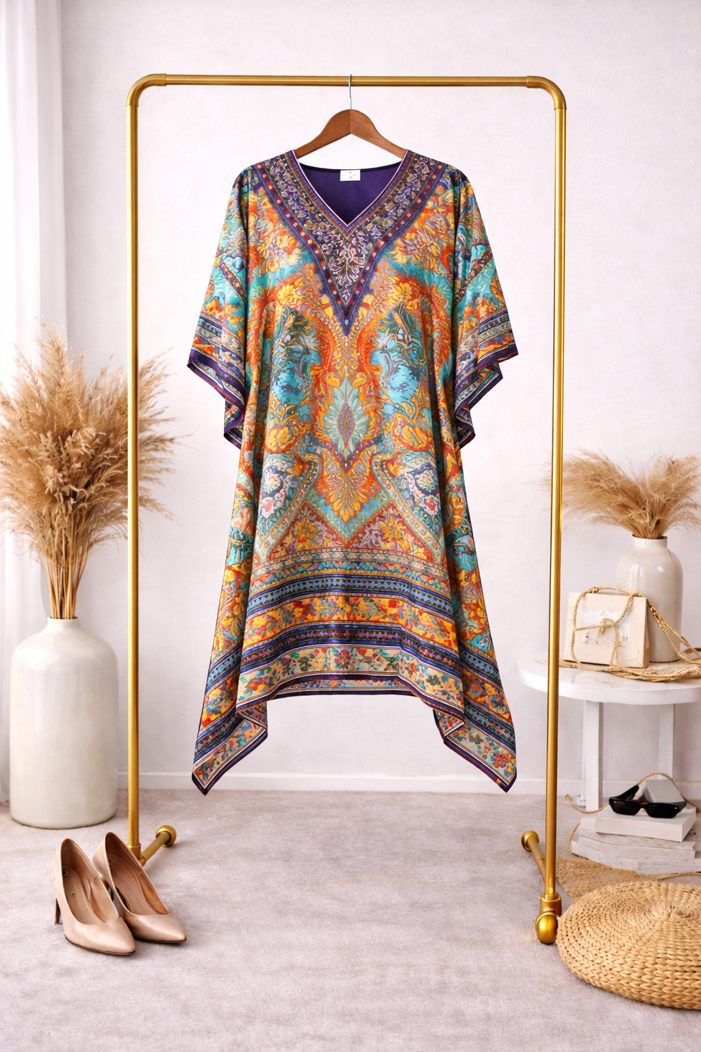 Multicolor Royal Ethnic Print Satin Silk Kaftan Dress
