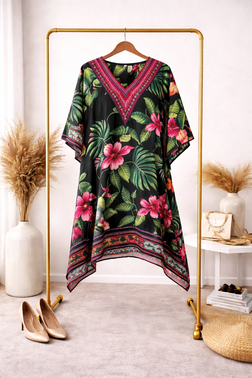 Black Tropical Floral Satin Silk Kaftan Dress