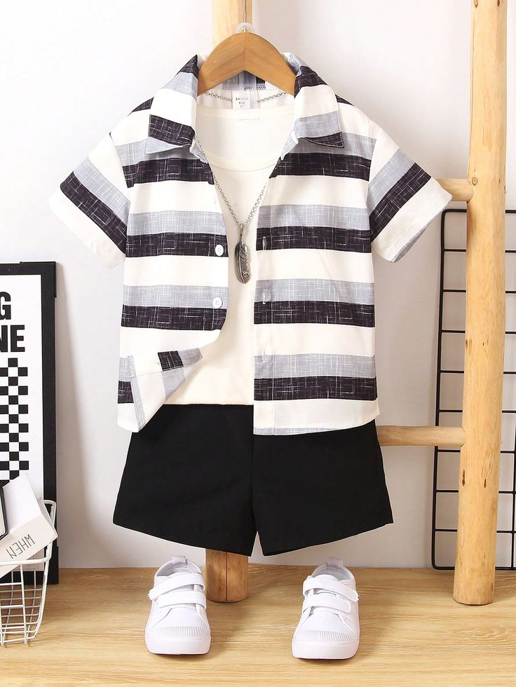 Baby Boys Cotton Lycra Striped Shirt with Inner T-shirt & Shorts Set – Smart 3-Piece Co-ord Outfit (0–5 Years)