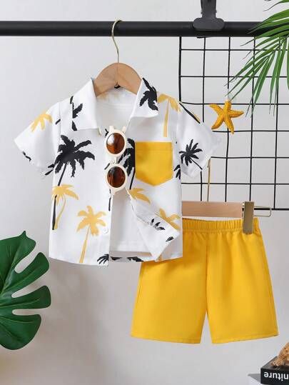 Baby Boys Cotton Lycra Palm Print Shirt with Inner T-shirt & Shorts Set – Summer 3-Piece Co-ord Outfit (0–5 Years)