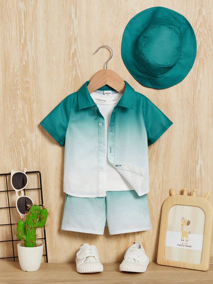 Baby Boys Cotton Lycra Ombre Shirt with Inner T-shirt & Shorts Set – Stylish 3-Piece Summer Co-ord Outfit (0–5 Years)