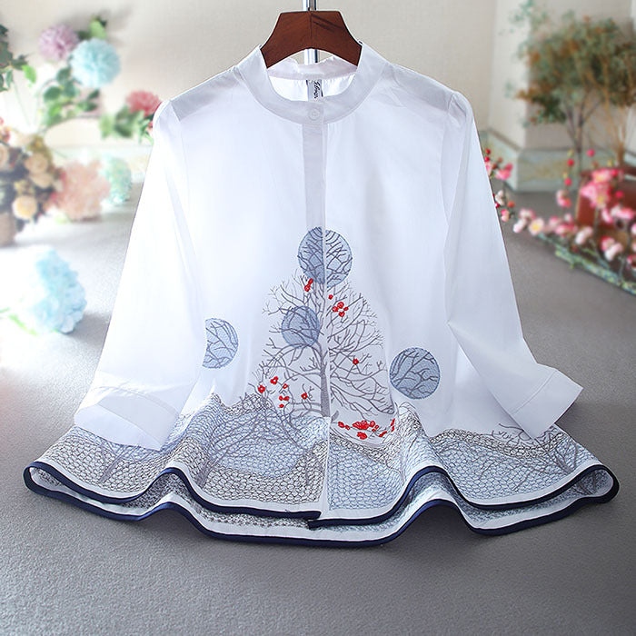 White Tunic Top with Unique Forest-Inspired Embroidery