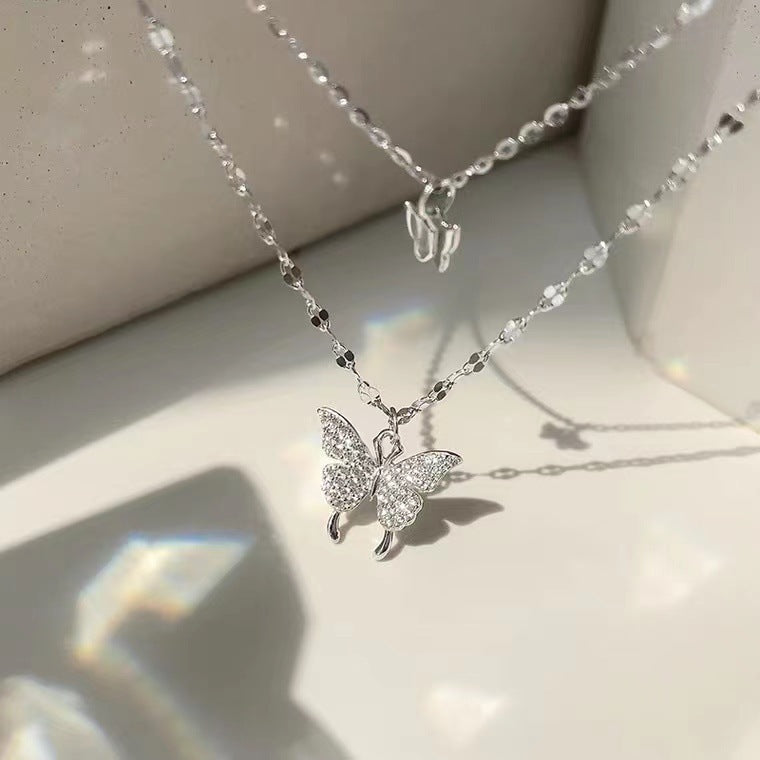 Elegant Silver Butterfly Pendant Necklace with Crystal Detailing