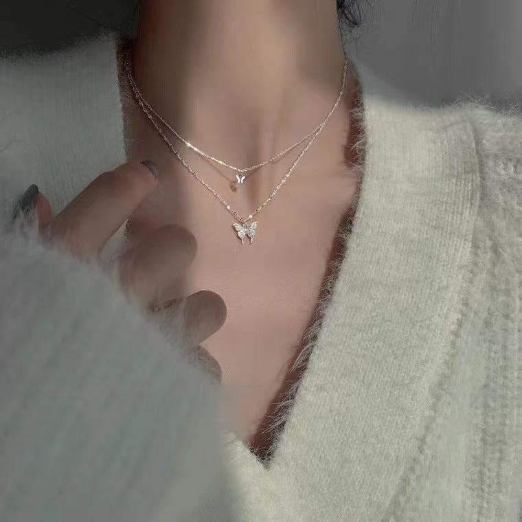 Elegant Silver Butterfly Pendant Necklace with Crystal Detailing