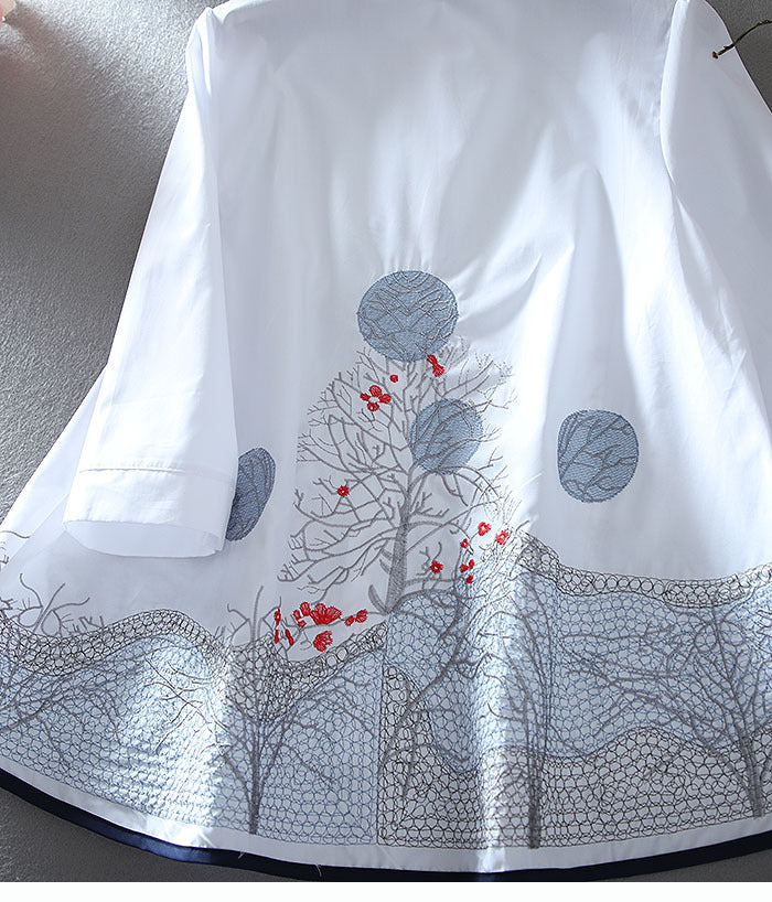 White Tunic Top with Unique Forest-Inspired Embroidery