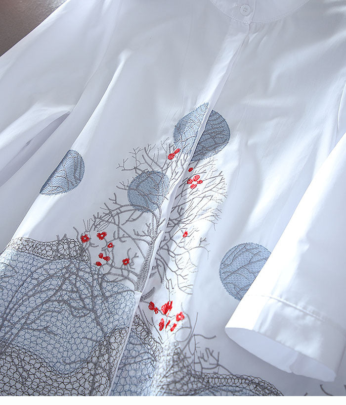 White Tunic Top with Unique Forest-Inspired Embroidery