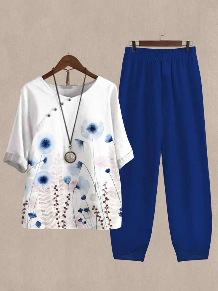 Trendy Floral Print Top with Matching Blue Trousers
