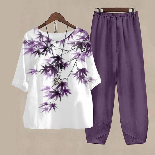 Breezy Botanical Print Co-ord Set in White and Purple