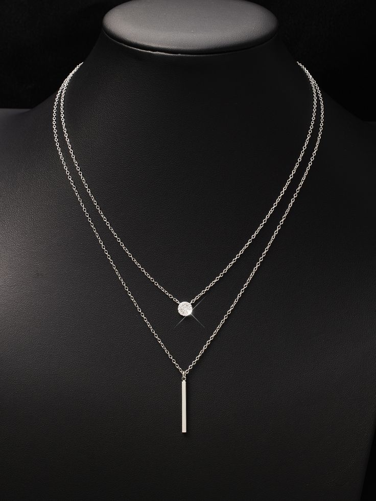 Minimalist Layered Silver Necklace with Crystal Pendant and Bar Charm