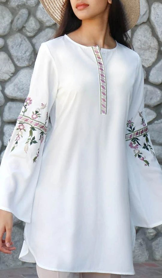 Trendy White long top-tunics with embroidery work for women