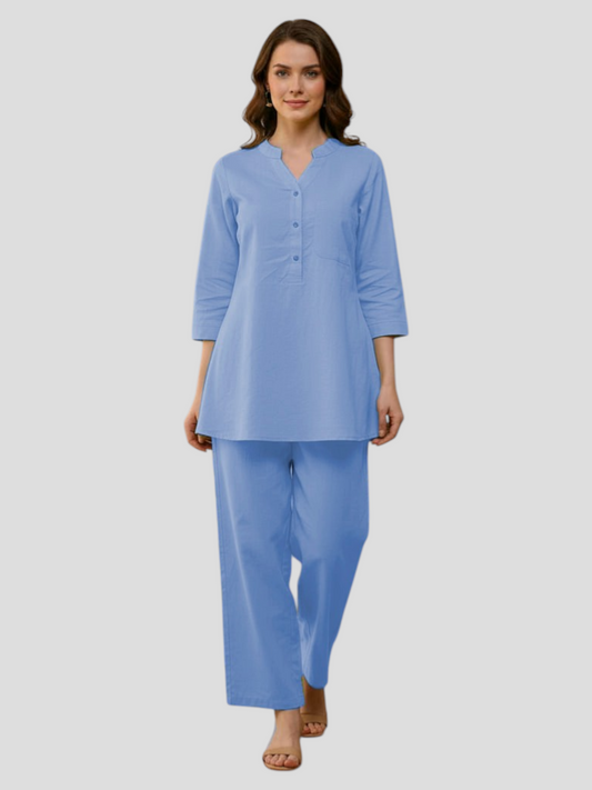 Sky Blue Cotton Kurta Pant Co-Ord Set for Women