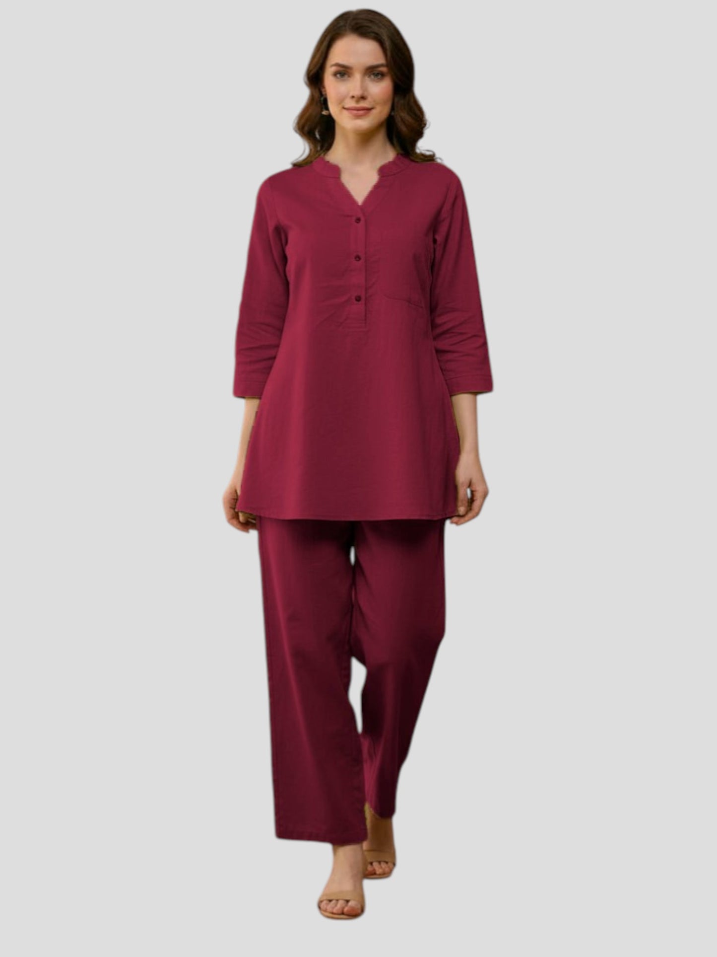 Wine Cotton Kurta Pant Co-Ord Set for Women