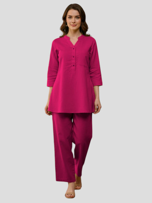 Rani Pink Cotton Kurta Pant Co-Ord Set for Women