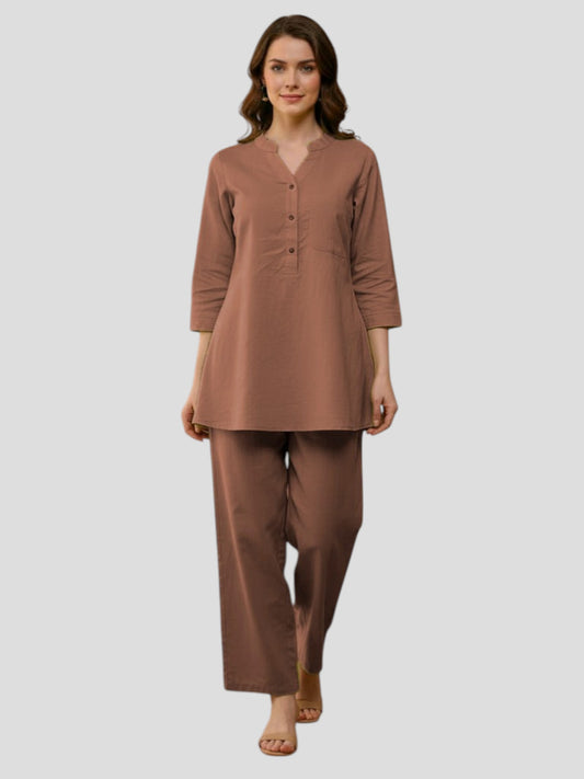 Brown Cotton Kurta Pant Co-Ord Set for Women