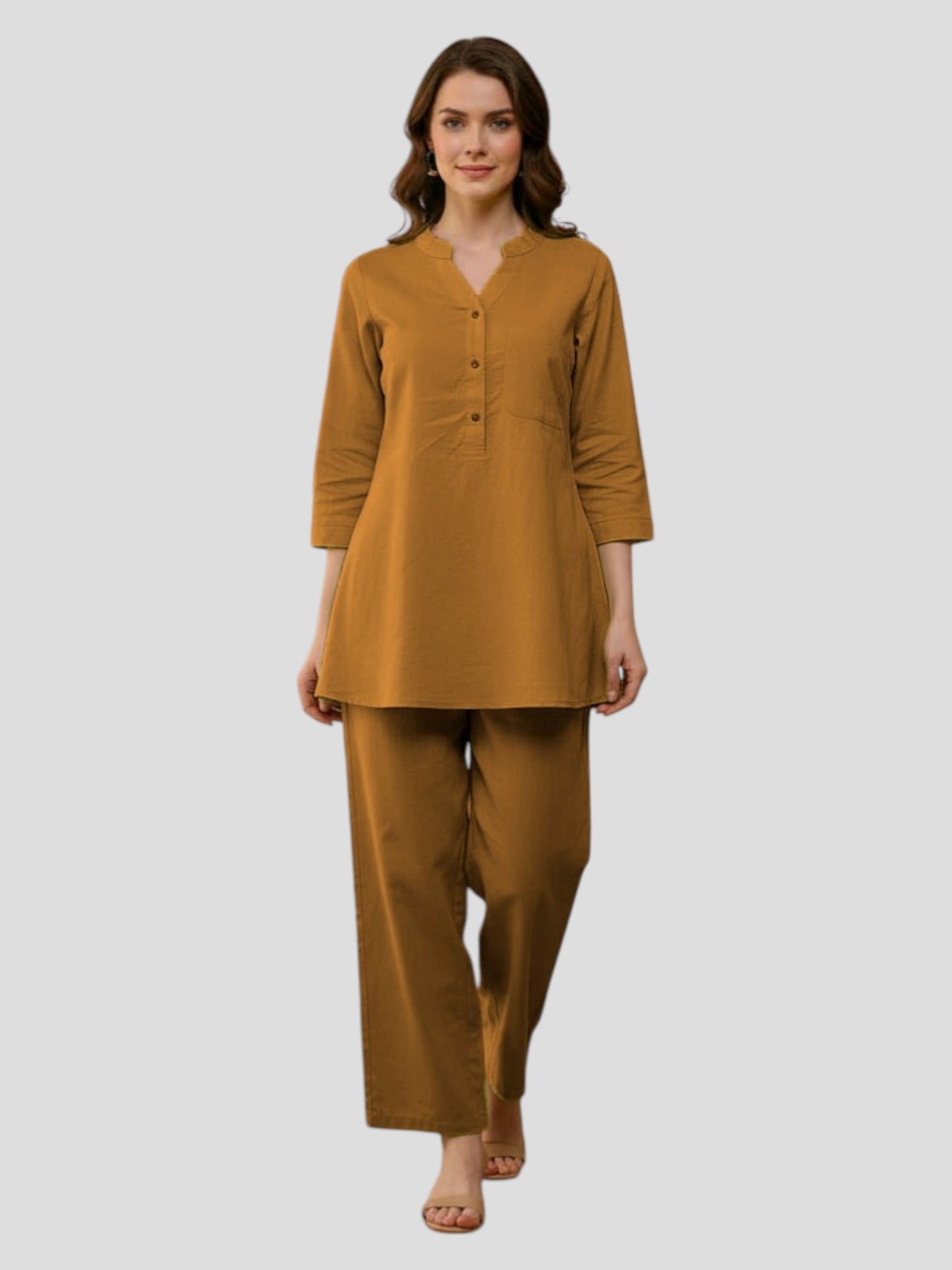Mustard Yellow Cotton Kurta Pant Co-Ord Set for Women