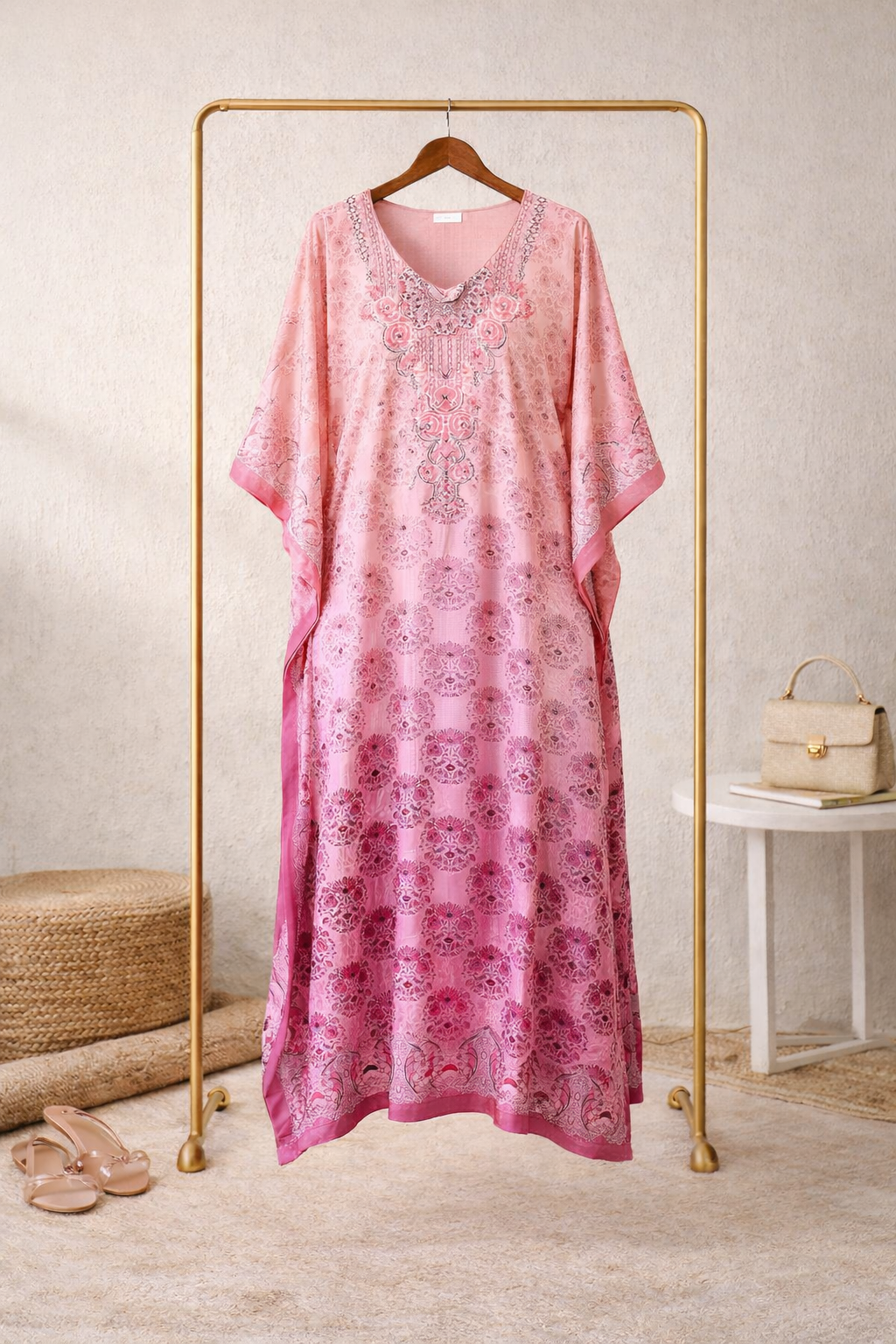 Pink Ethnic Print Satin Silk Kaftan Dress