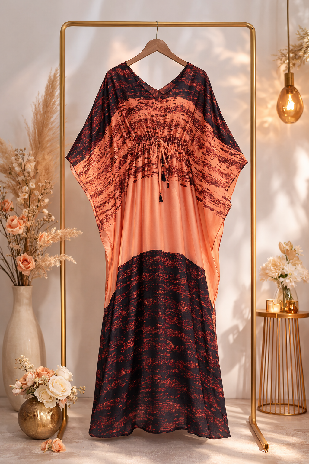 Sunset Ombre Satin Silk Kaftan Dress with Tassel Tie-Up
