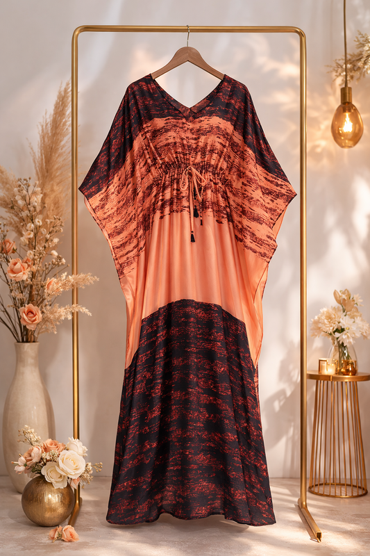 Sunset Ombre Satin Silk Kaftan Dress with Tassel Tie-Up