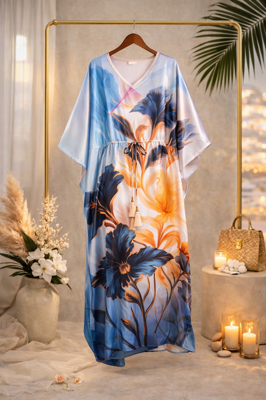 Blue Floral Satin Silk Kaftan Dress with Tassel Tie-Up