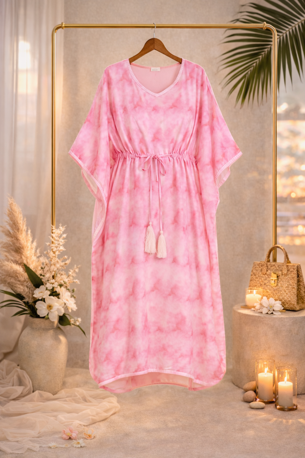 Pink Tie-Dye Satin Silk Kaftan Dress with Tassel Tie-Up