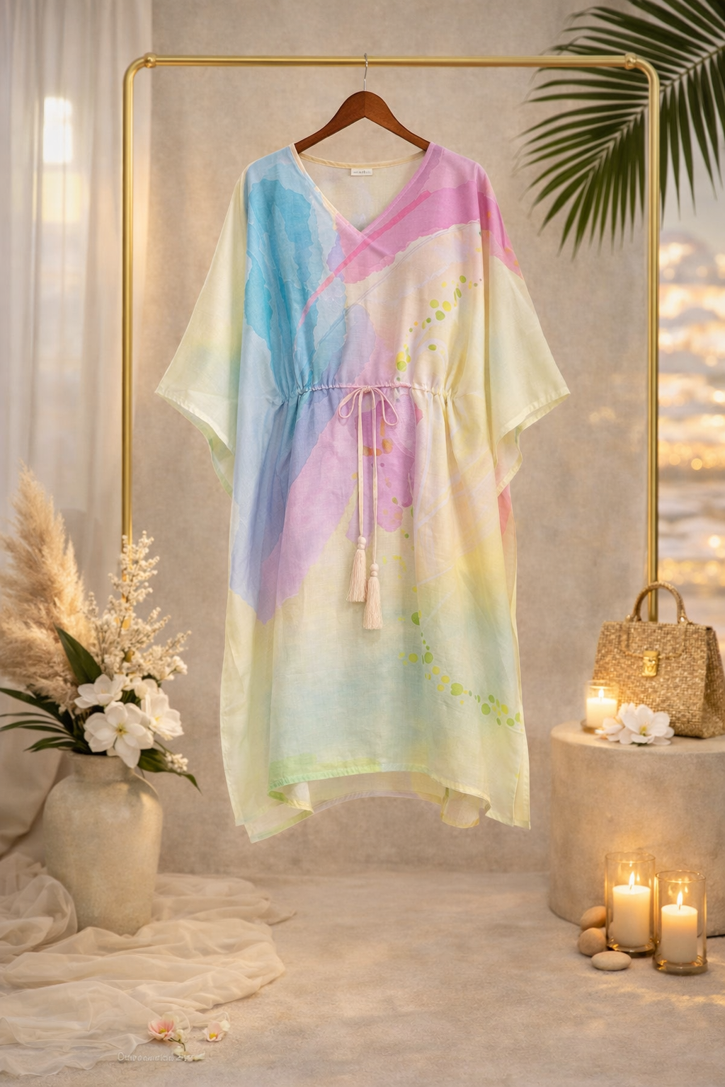Pastel Watercolor Satin Silk Kaftan Dress