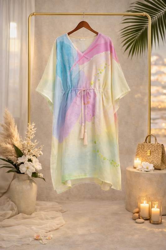 Pastel Watercolor Satin Silk Kaftan Dress