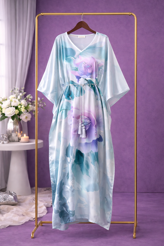Aqua Lavender Floral Satin Silk Kaftan Dress