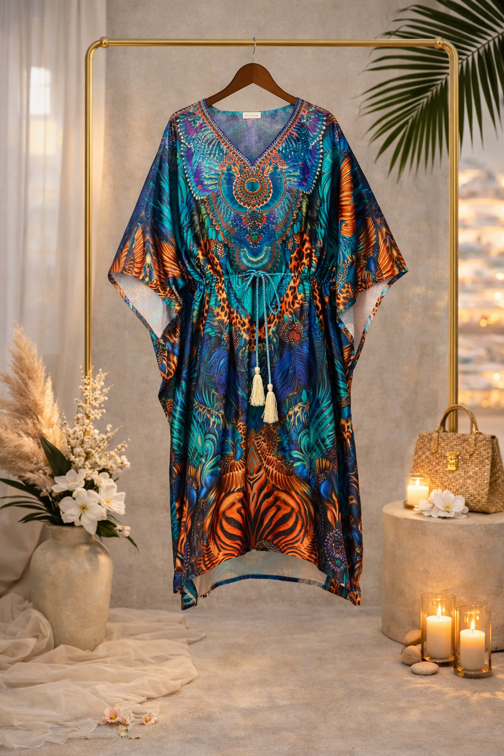 Peacock Print Satin Silk Kaftan Dress with Tassel Tie-Up