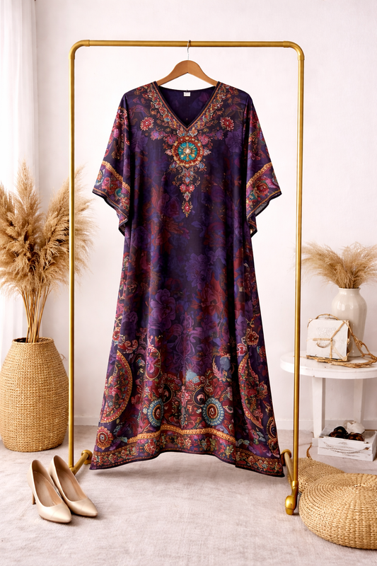 Royal Plum Floral Heritage Satin Silk Kaftan Dress