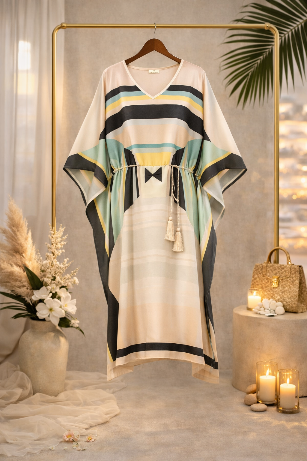 Striped Satin Silk Kaftan Dress with Tassel Tie-Up