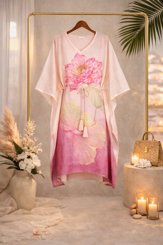 Floral Satin Silk Kaftan Dress with Tassel Tie-Up
