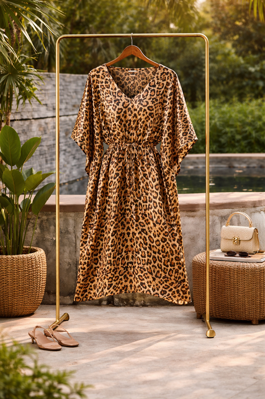 Leopard Print Satin Silk Kaftan Dress with Tassel Tie-Up