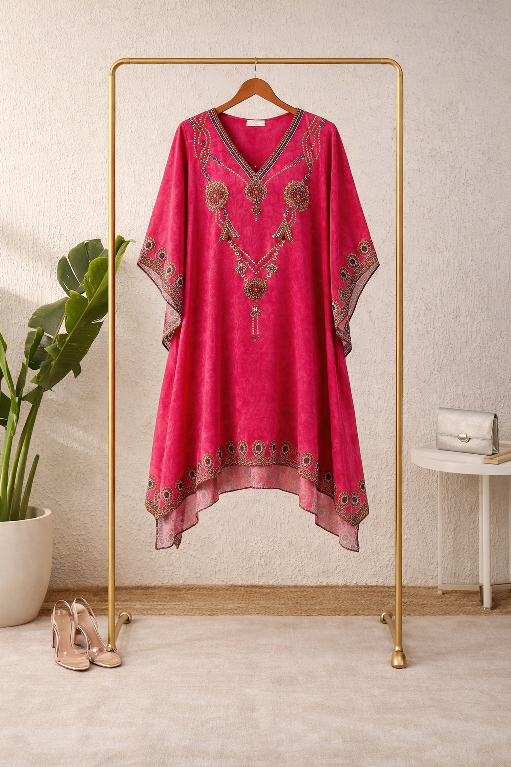 Rani Pink Embroidered Satin Silk Kaftan Dress