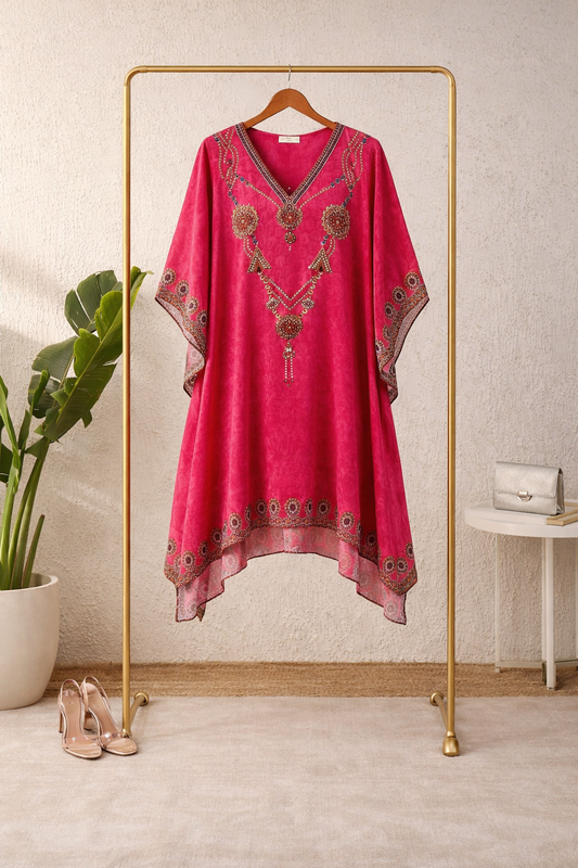 Rani Pink Embroidered Satin Silk Kaftan Dress