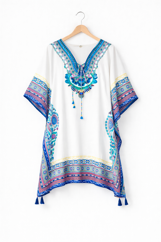 White Boho Print Satin Silk Kaftan Dress with Tassel Tie-Up
