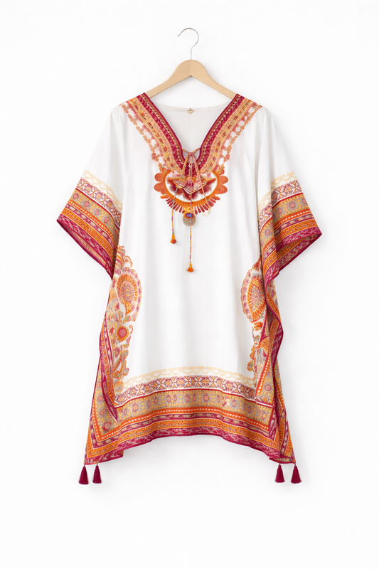 White & Pink Boho Print Satin Silk Kaftan Dress with Tassel Tie-Up