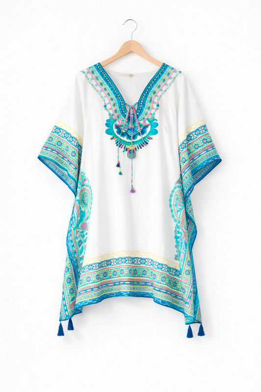 White & Turquoise Boho Print Satin Silk Kaftan Dress with Tassel Tie-Up