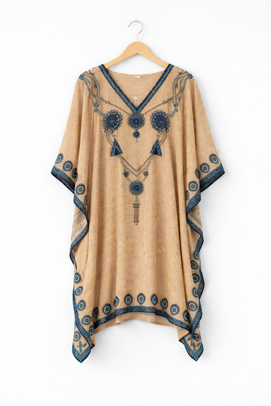 Beige & Blue Ethnic Print Satin Silk Kaftan Dress