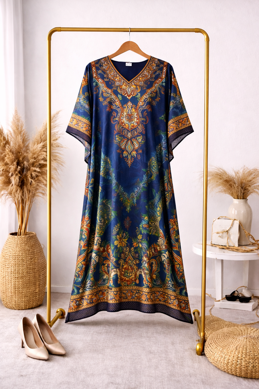 Royal Blue Heritage Print Satin Silk Kaftan Dress