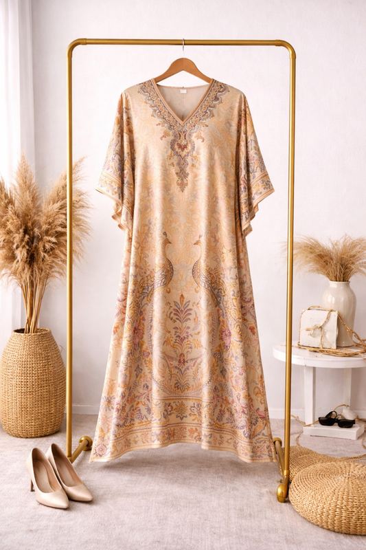 Beige Royal Peacock Ethnic Satin Silk Kaftan Dress