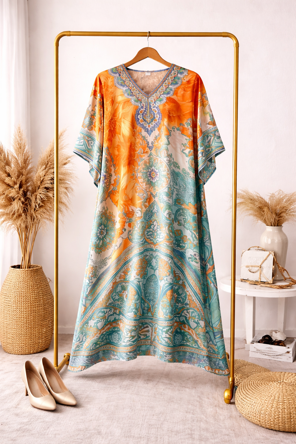 Orange & Aqua Royal Ethnic Satin Silk Kaftan Dress