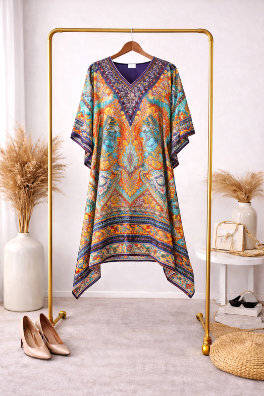Multicolor Royal Ethnic Print Satin Silk Kaftan Dress
